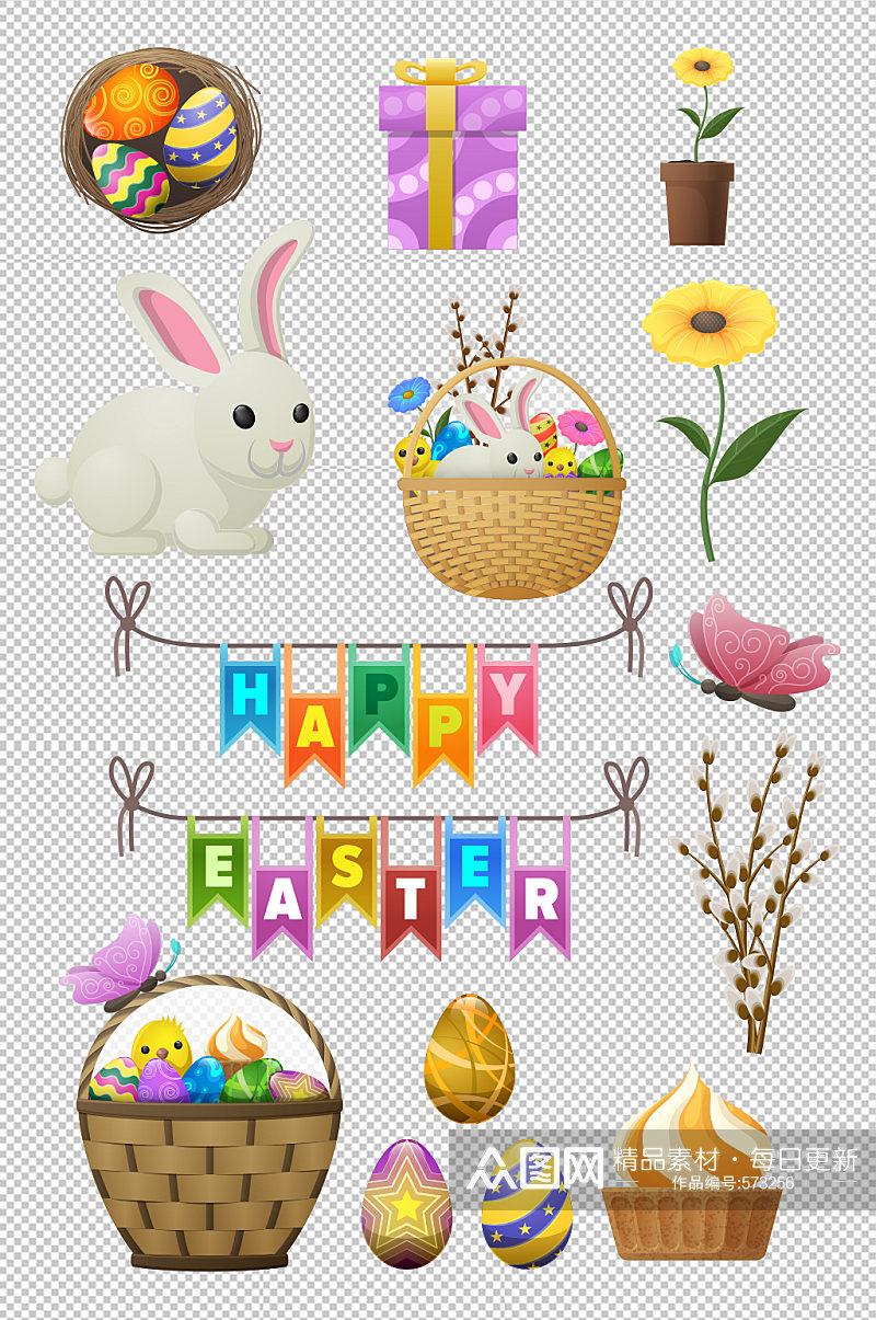 复活节手绘彩蛋兔子素材 元素素材