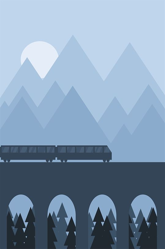 夜晚手绘火车风景插画背景