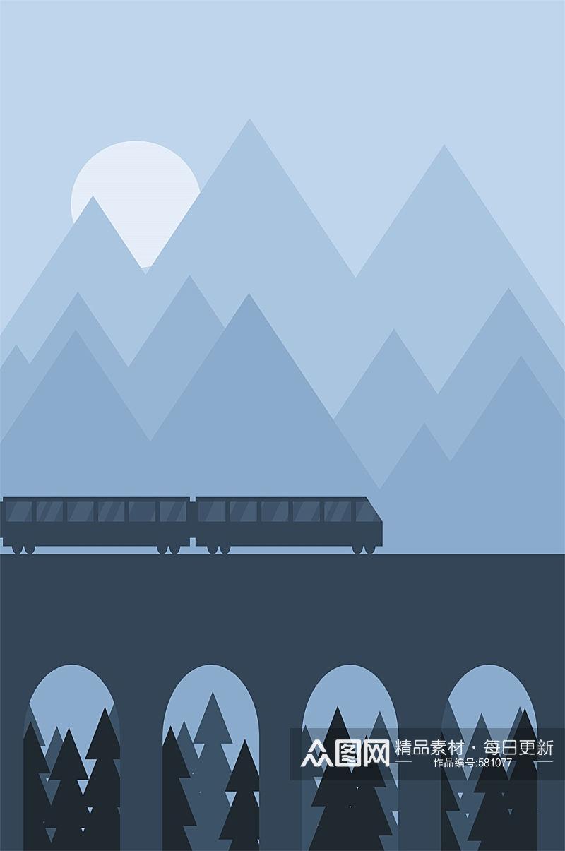 夜晚手绘火车风景插画背景素材