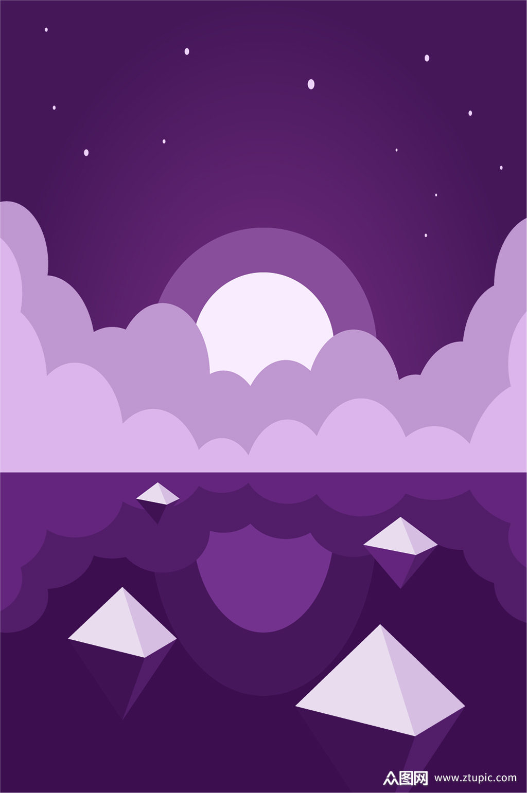 紫色夜晚海边风景插画背景