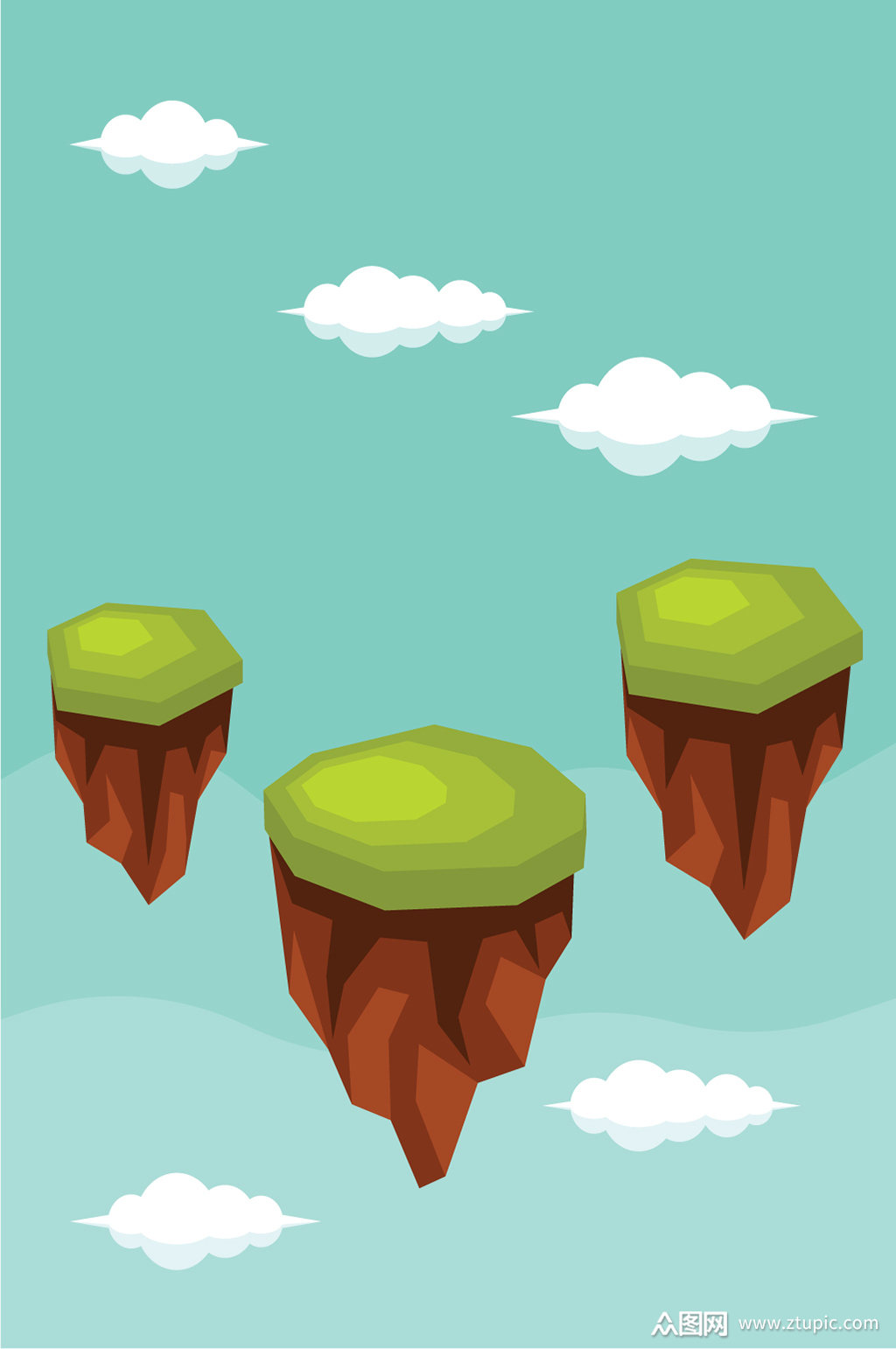 绿色手绘悬浮岛插画背景素材