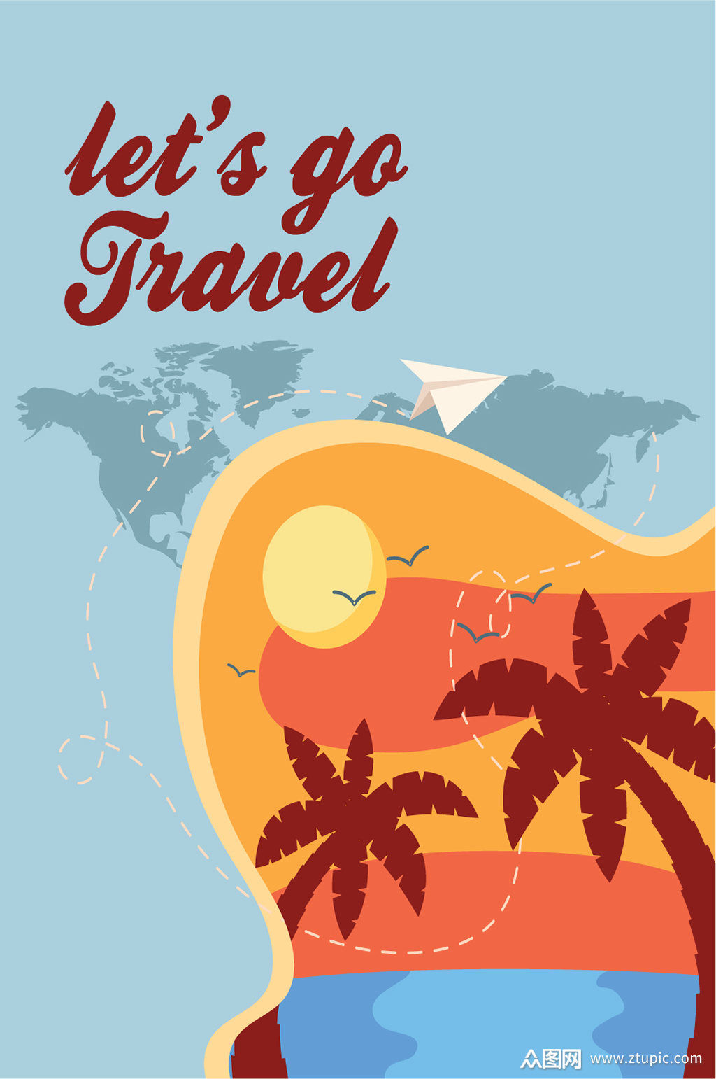 蓝色手绘海边风景插画背景