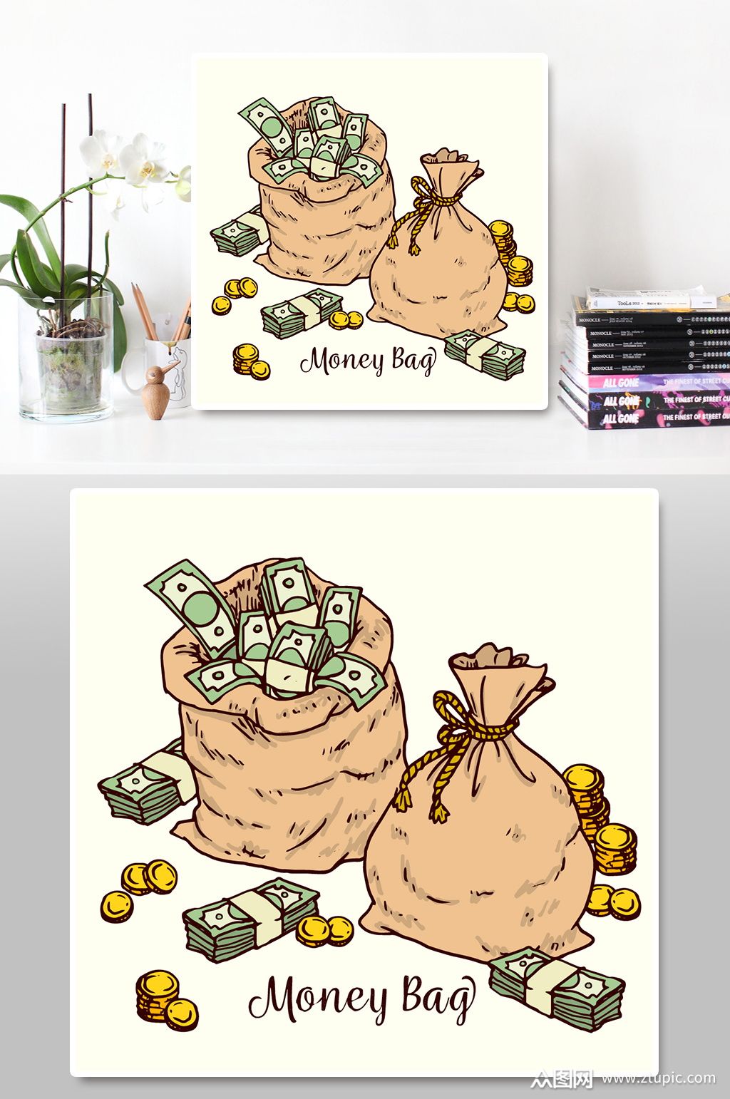 手绘金币钱袋子钞票素材