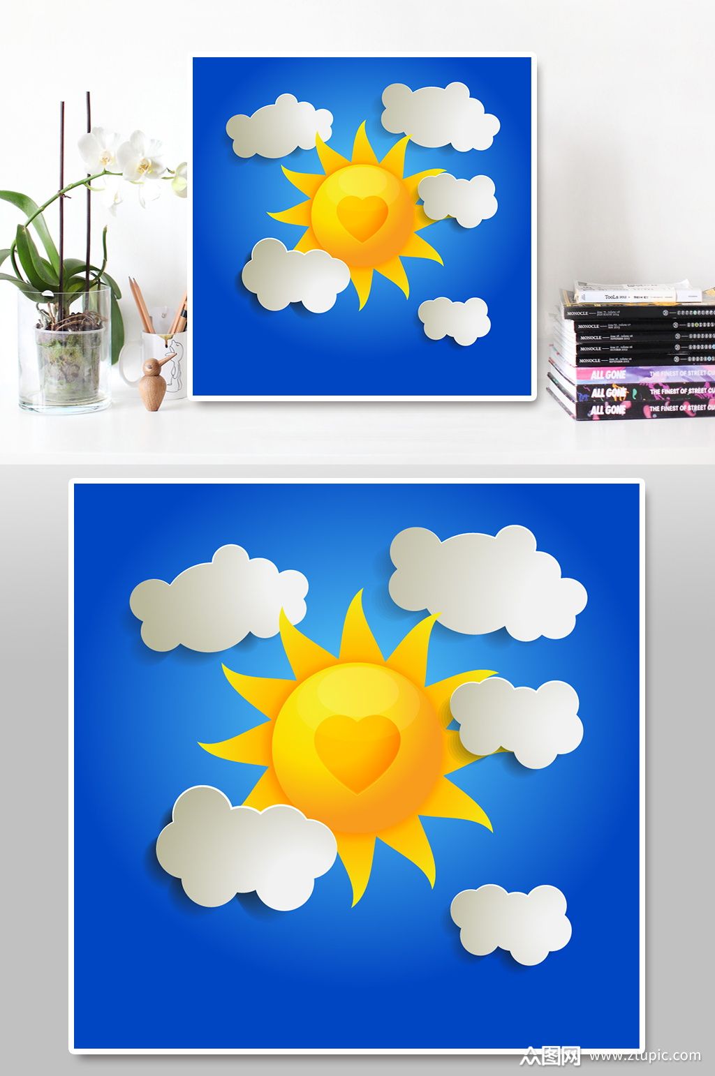 蓝色手绘太阳背景海报