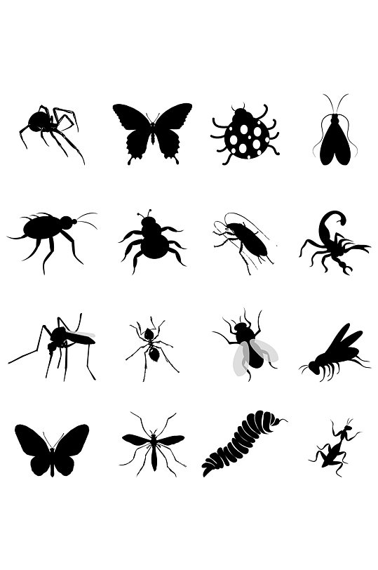 黑白卡通昆虫剪影素材