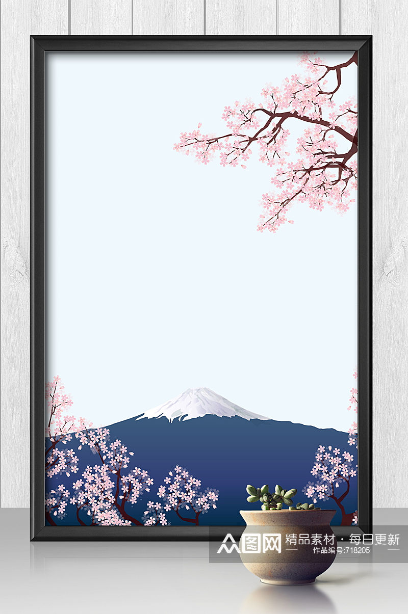 唯美日本富士山樱花插画背景素材