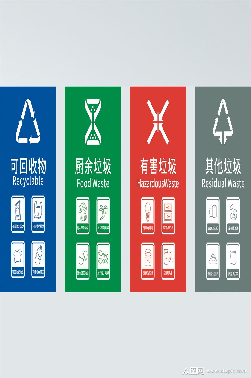 垃圾标识垃圾分类标志四色垃圾vi导视