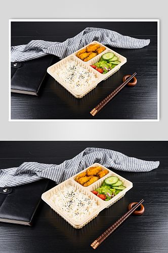 丰富美味盒饭实拍摄影图