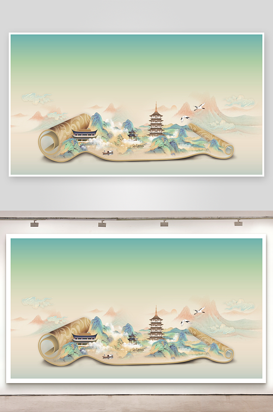 中国风水墨画卷海报背计