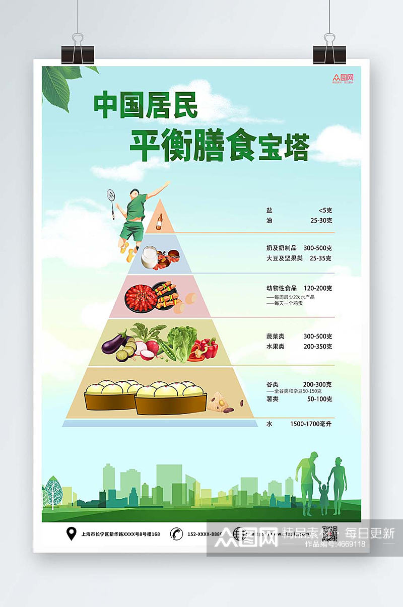 绿色简约插画中国居民平衡膳食宝塔海报素材