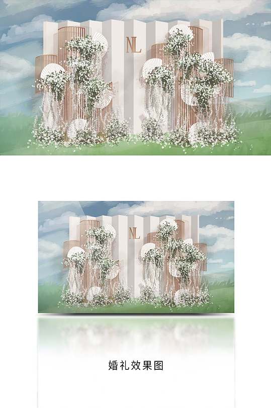 白色小清新农村草坪室外户外婚礼布置效果图-众图网