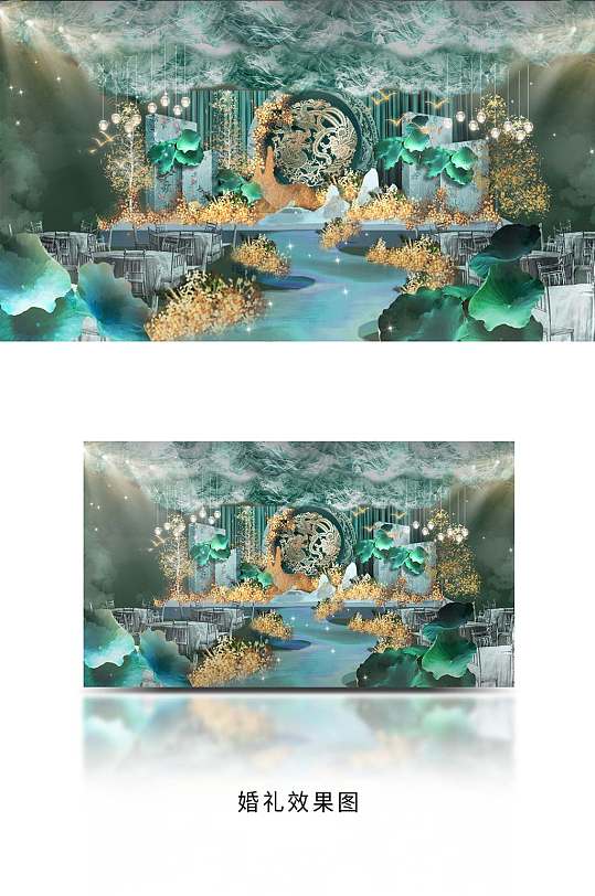 金色背景中式江南风中国风婚礼布置效果图-众图网
