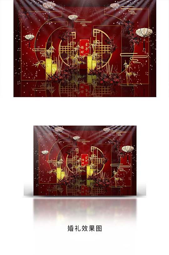 寿宴布置 红金色中国风式婚礼效果图-众图网