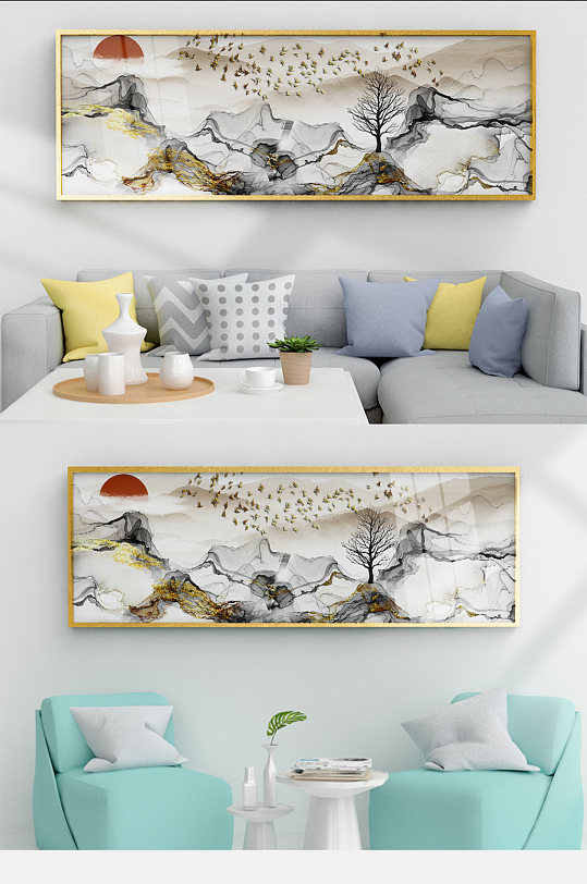 新中式水墨线条禅意意境沙发背景墙装饰画