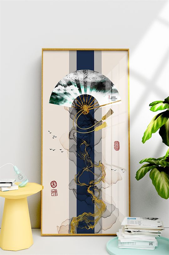 新中式中国风意境金箔水墨线条折扇装饰画