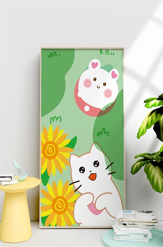 手绘躺在草坪上的猫咪小清新装饰画