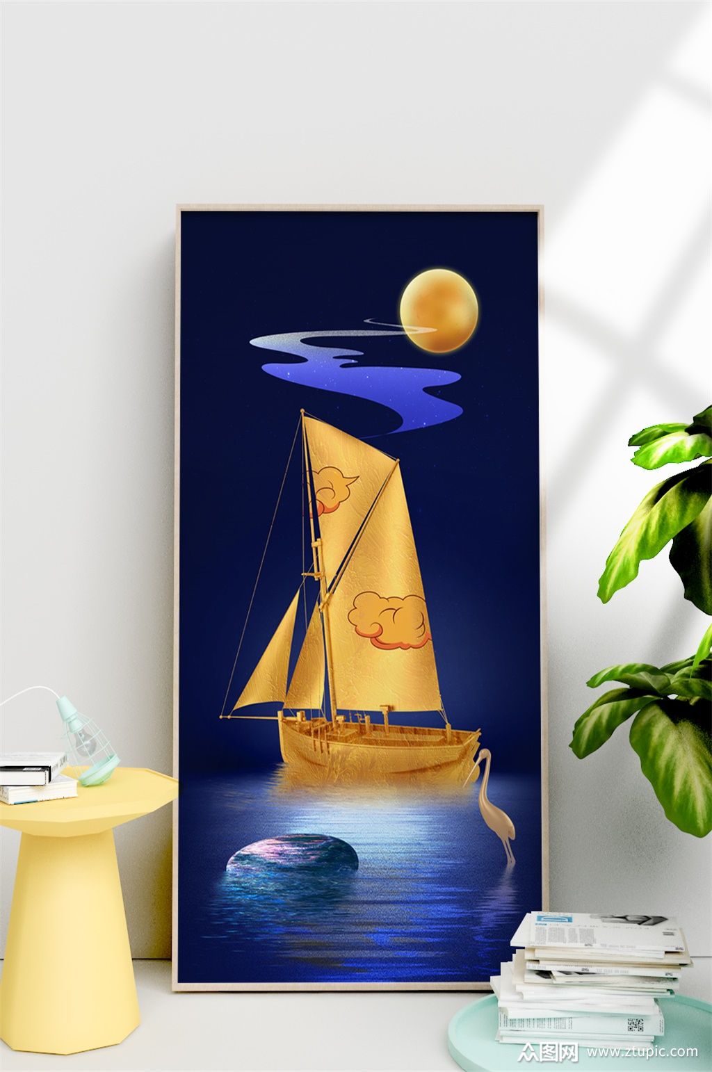 现代金色帆船一帆风顺装饰画