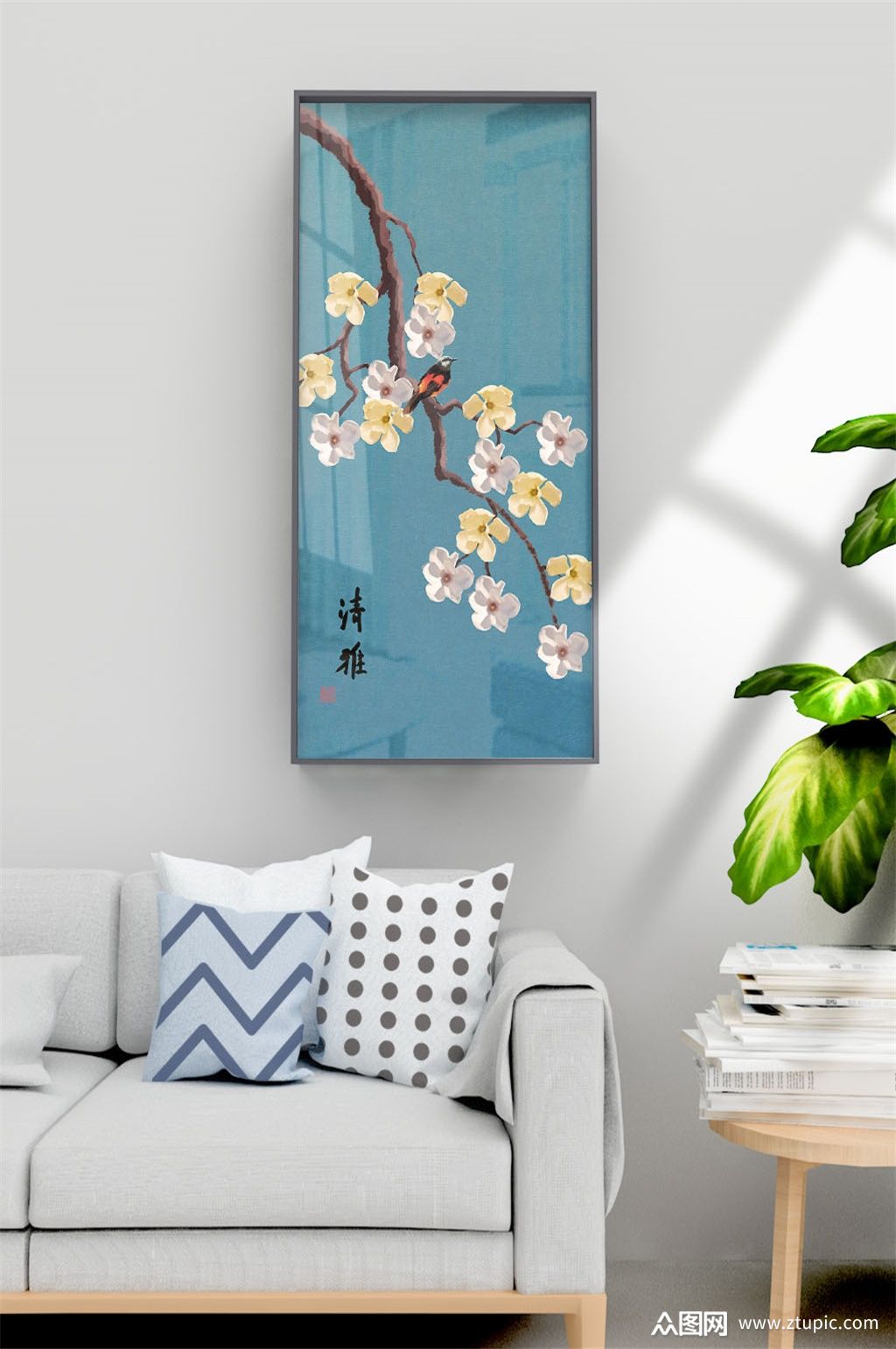 新中式手绘玉兰花鸟装饰画