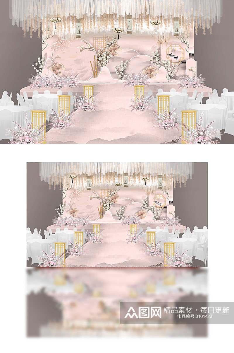 粉色新中式婚礼效果图素材