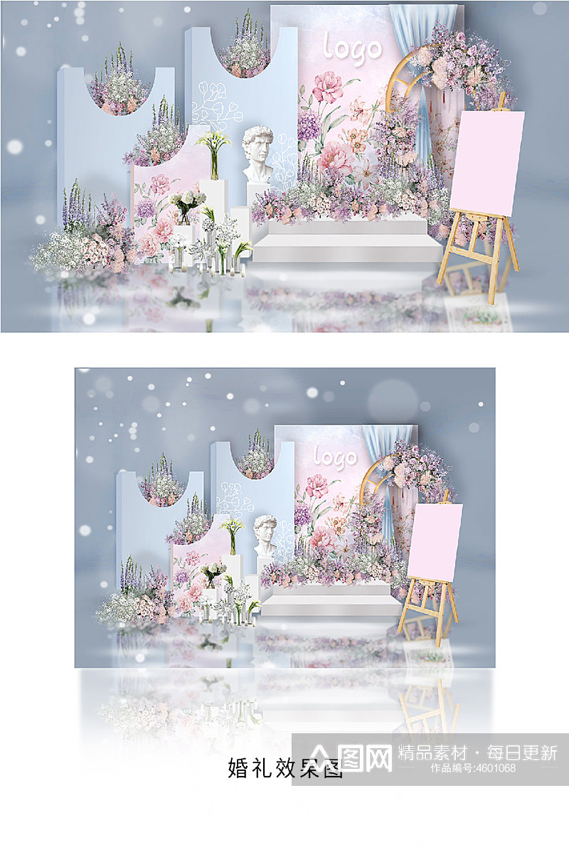 蓝粉色小清新春天婚礼迎宾效果图素材