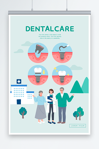 创意卡通扁平化人物牙科国外海报