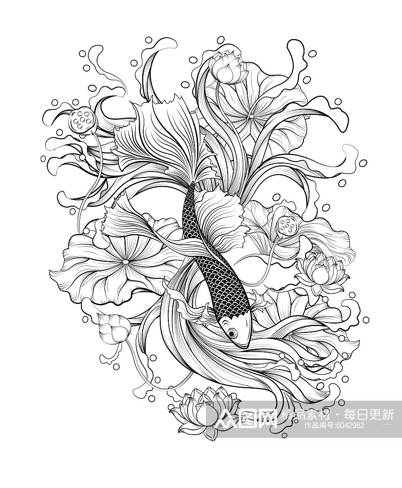 创意绘画黑白鲤鱼手绘植物设计元素素材