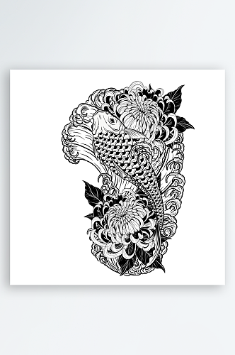 创意绘画黑白鲤鱼手绘植物设计元素