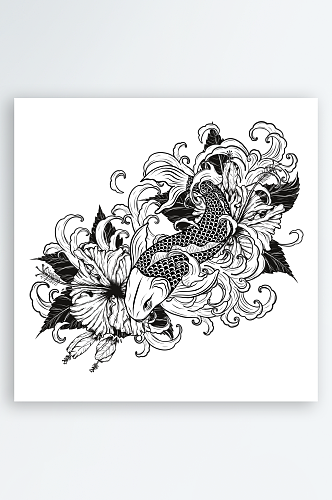 创意绘画黑白鲤鱼手绘植物设计元素