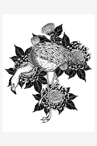 创意绘画黑白手绘丹顶鹤植物设计元素