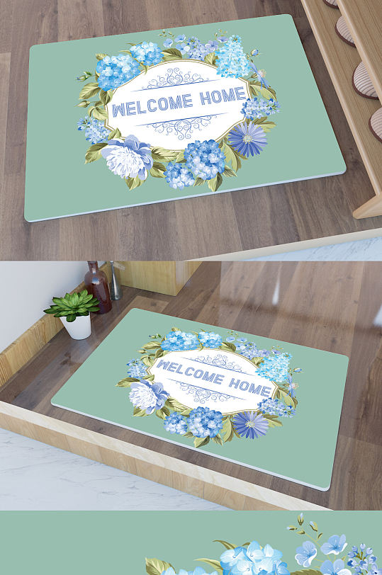 矢量手绘水彩鲜花门垫地毯图案-众图网