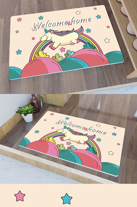 矢量手绘卡通独角兽门垫地毯图案-众图网