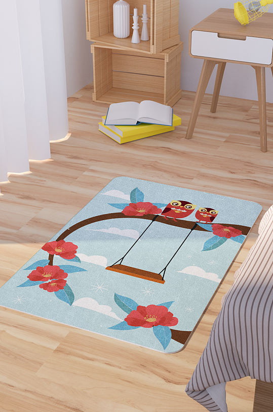 矢量手绘可爱卡通花卉秋千脚垫地毯图案-众图网