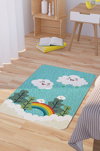 矢量手绘可爱卡通下雨云朵彩虹脚垫地毯图案