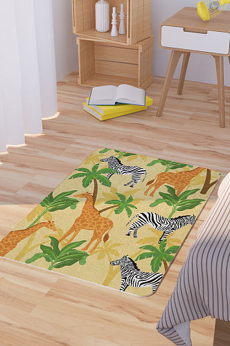 矢量手绘长颈鹿斑马脚垫地毯图案