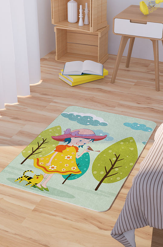 矢量手绘可爱卡通小女孩脚垫地毯图案-众图网