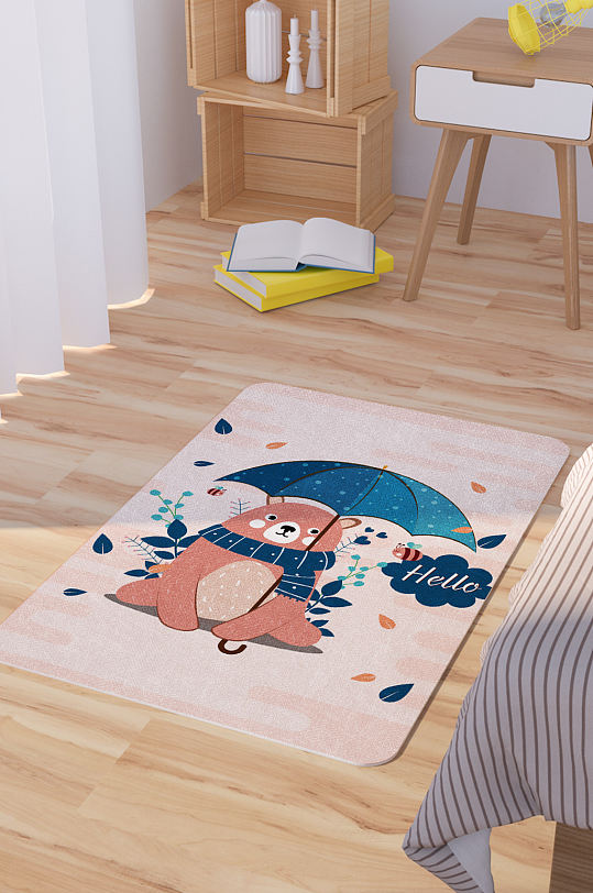矢量手绘可爱卡通打伞的小熊脚垫地毯图案-众图网
