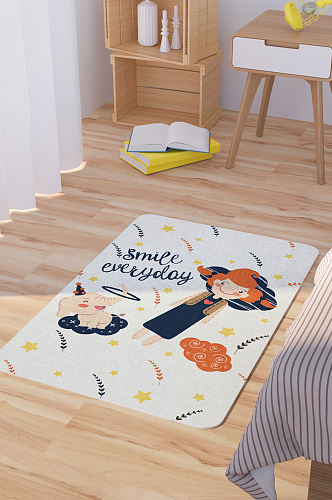 矢量手绘可爱卡通小女孩脚垫地毯图案