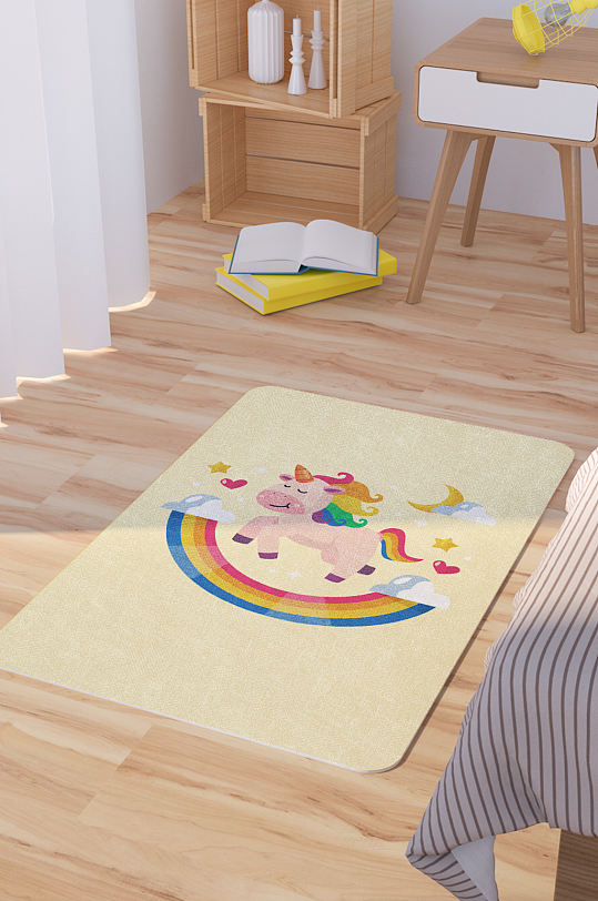 矢量手绘卡通可爱独角兽脚垫地毯图案-众图网