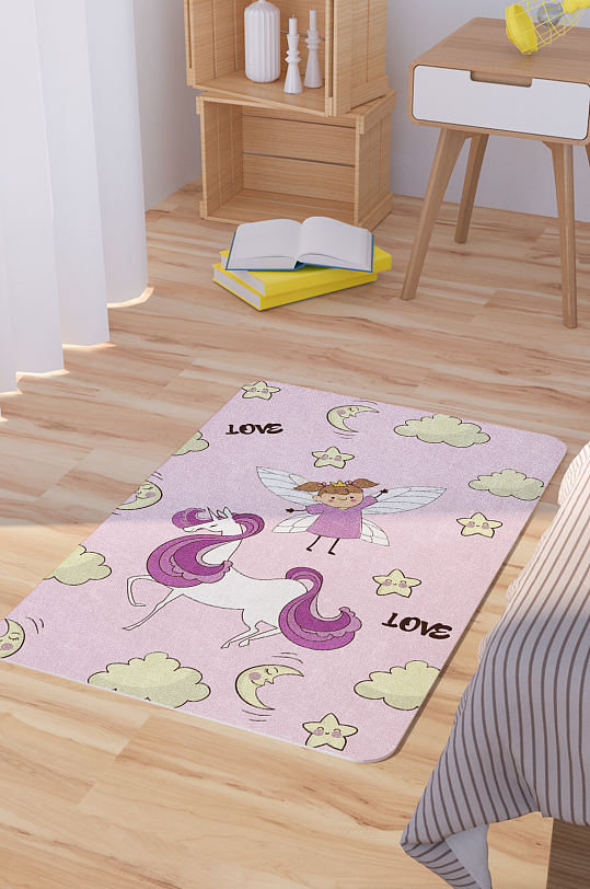矢量手绘卡通可爱小女孩独角兽脚垫地毯图案