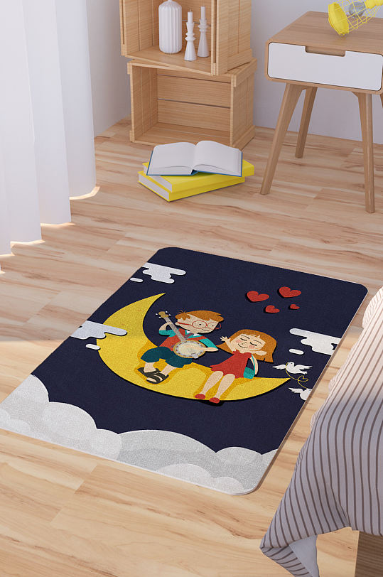 矢量手绘可爱卡通情侣脚垫地毯图案-众图网