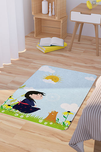 矢量手绘卡通可爱小女孩猫咪脚垫地毯图案