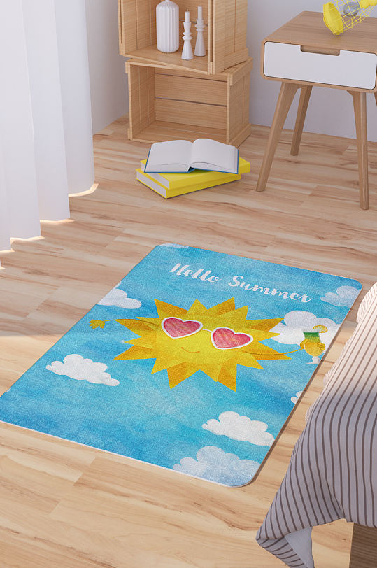 矢量水彩手绘可爱卡通太阳脚垫地毯图案-众图网