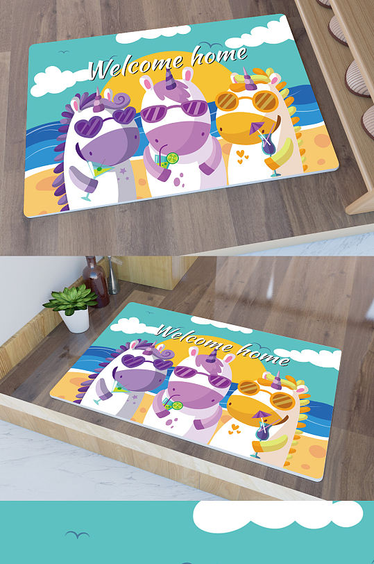 矢量手绘卡通可爱独角兽门垫地毯图案-众图网
