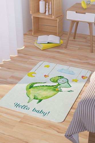矢量水彩手绘可爱卡通恐龙母子脚垫地毯图案