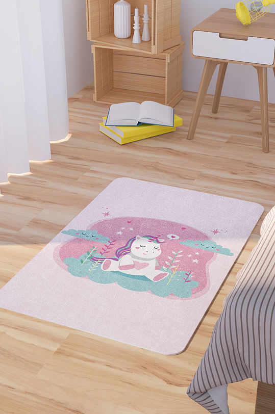 矢量手绘卡通可爱独角兽脚垫地毯图案-众图网