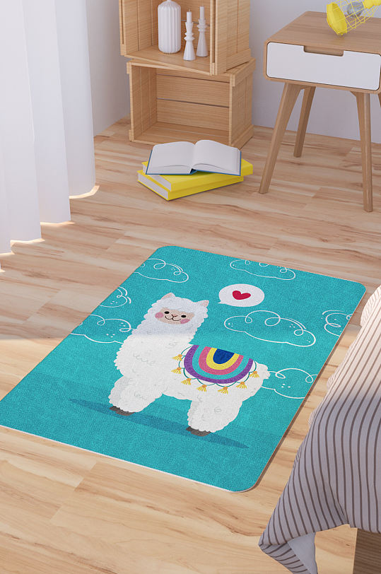 矢量手绘卡通可爱羊驼脚垫地毯图案-众图网