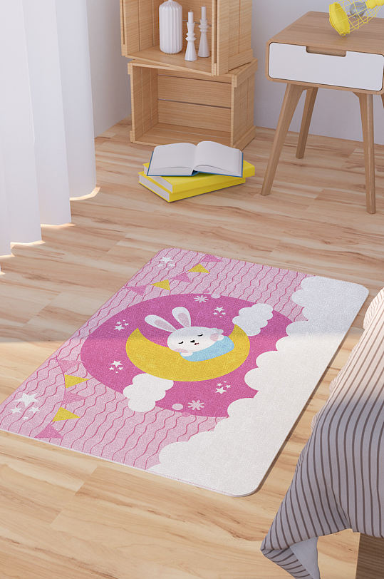 矢量手绘卡通可爱小兔晚安脚垫地毯图案