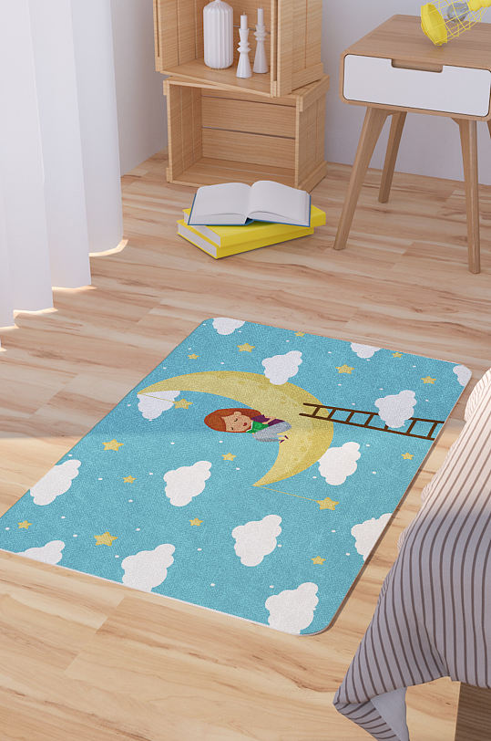 矢量手绘卡通月亮上的小女孩脚垫地毯图案