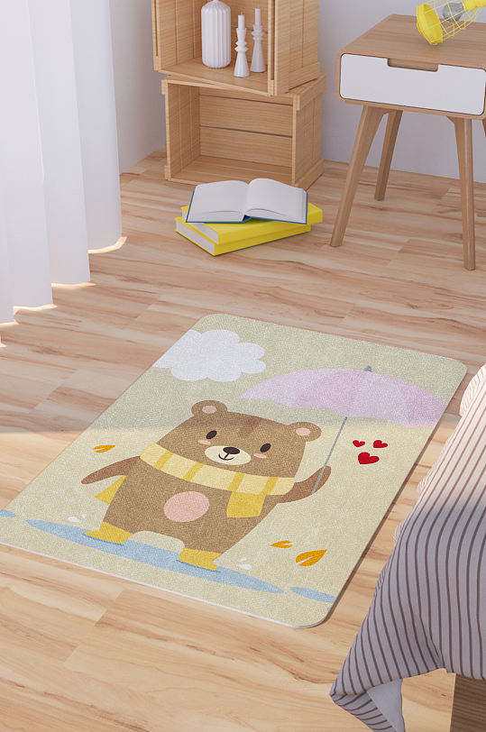 矢量手绘卡通可爱打伞小熊脚垫地毯图案-众图网