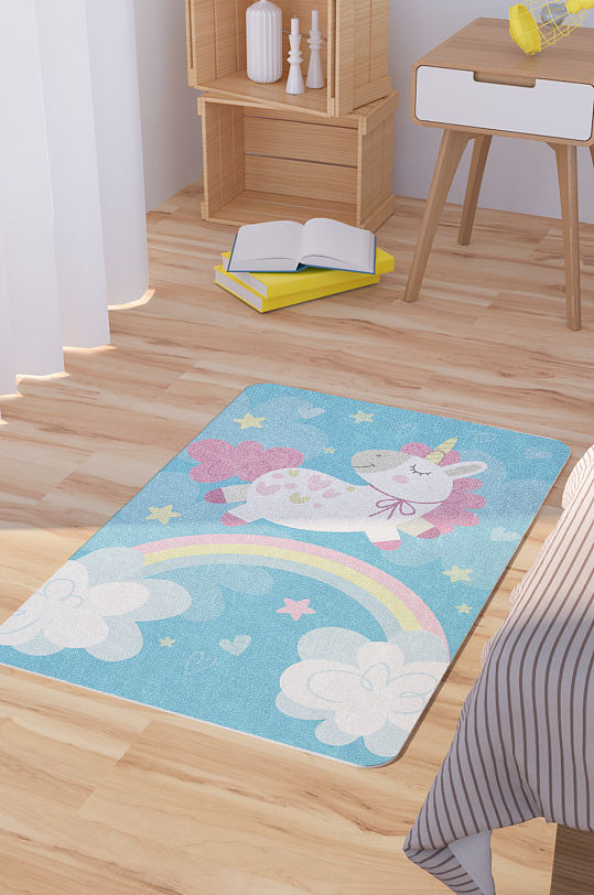 矢量手绘卡通可爱彩虹独角兽脚垫地毯图案